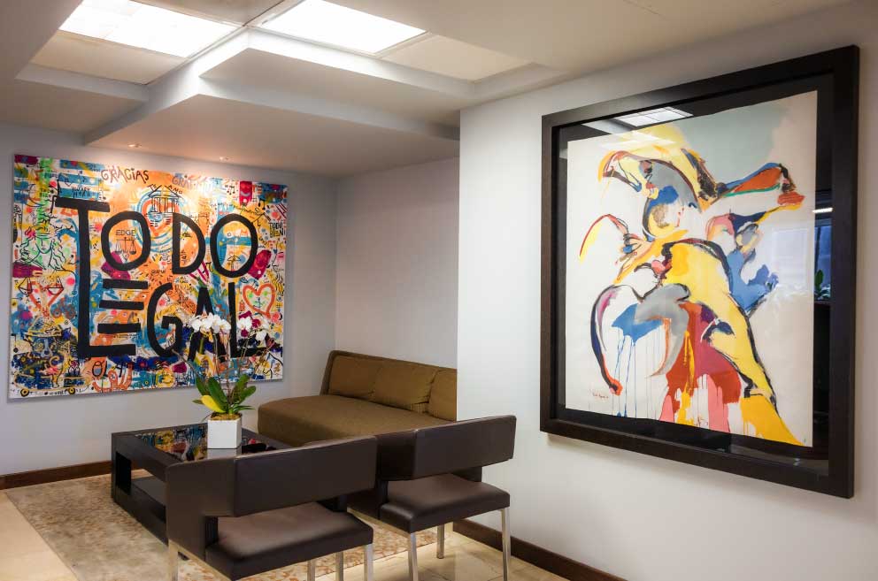 edge legal waiting room, with some colorfull pieces of art like the magic and divercity of Puerto Rico